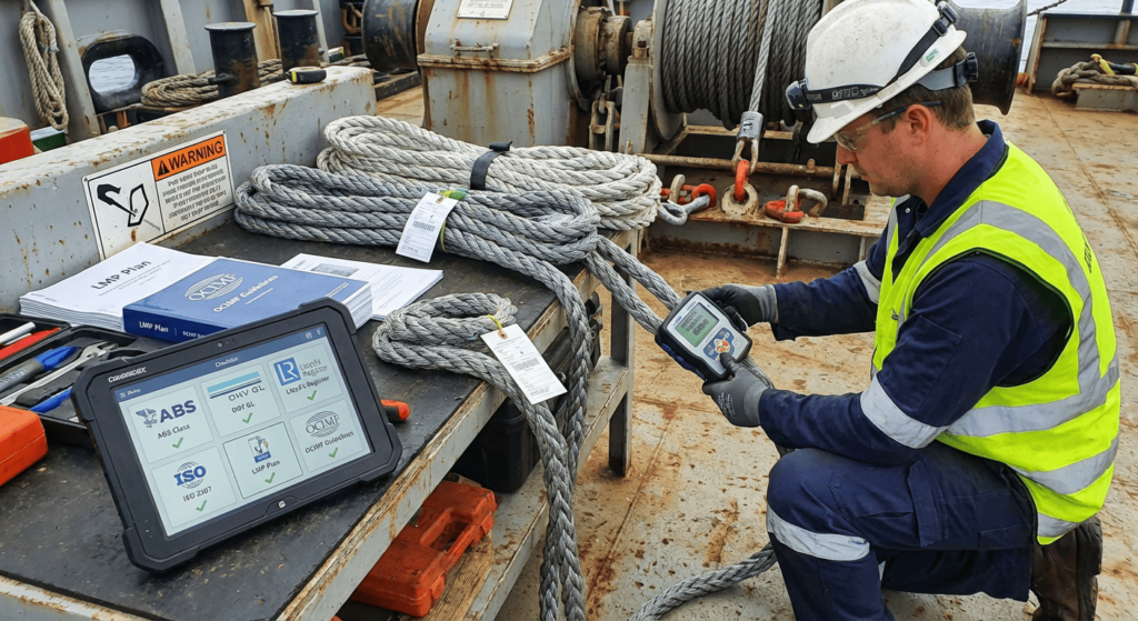 un membro dell'equipaggio che misura e ispeziona le corde