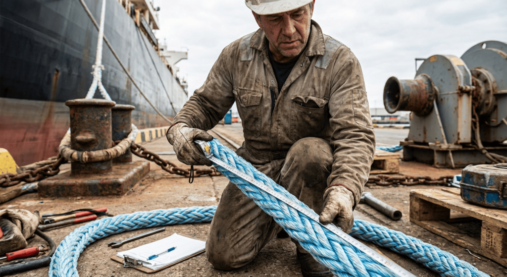 ingegnere che misura il diametro di una corda sintetica