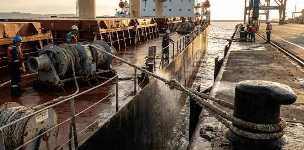 Los trabajadores están realizando trabajos de amarre con cabos de amarre.