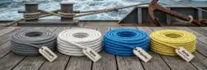 Duracordix - Votre fournisseur de confiance pour les cordages et filets synthétiques haute performance | Comment choisir le meilleur cordage marin : un guide complet différents types de cordages marins disposés côte à côte 1