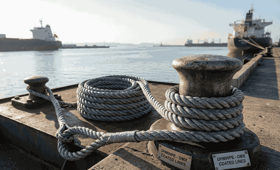 Duracordix - Il tuo fornitore di fiducia per cime e reti sintetiche ad alte prestazioni | Cos'è una cima d'ormeggio? Guida nautica completa! Una fune di ormeggio sintetica DURACORDIX avvolta a spirale (probabilmente in UHMWPE/HMPE) con tecnologia di rivestimento DMX™ integrata, appoggiata saldamente su una robusta bitta metallica da banchina in un porto commerciale.
