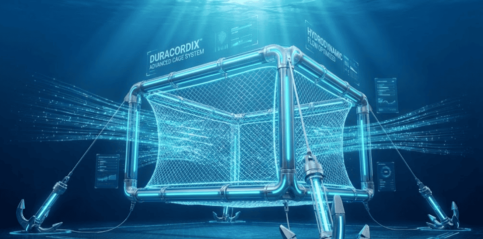 Duracordix – Ihr zuverlässiger Lieferant für Hochleistungs-Kunststoffseile und -netze | Die 4 wichtigsten Fischkäfigtypen für die Aquakultur A high-tech, futuristic DURACORDIX advanced cage system for offshore aquaculture, featuring glowing blue hydrodynamic flow lines and a digital interface overlay in an underwater setting