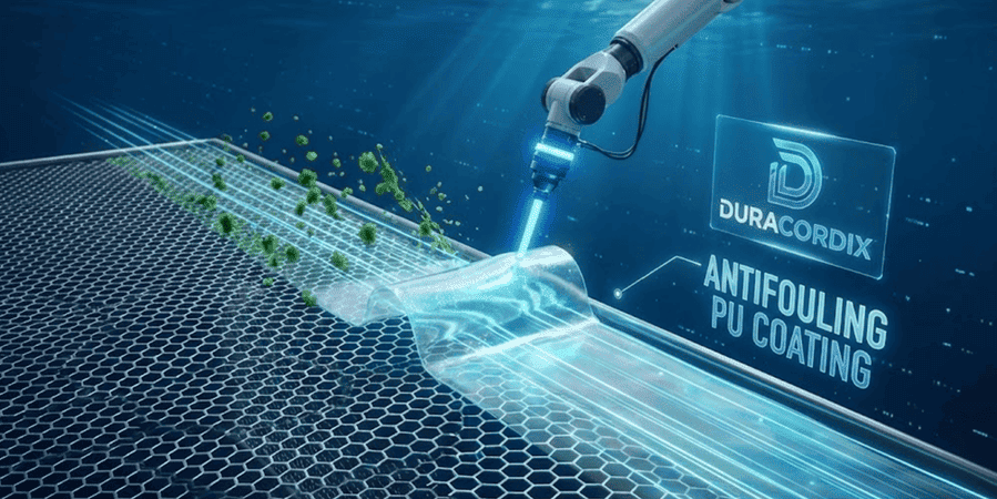 Duracordix – Ihr zuverlässiger Lieferant für Hochleistungs-Kunststoffseile und -netze | Die 4 wichtigsten Fischkäfigtypen für die Aquakultur apply a protective Antifouling PU Coating to DURACORDIX netting, showing the transition from biofouled mesh to a clean, coated surface