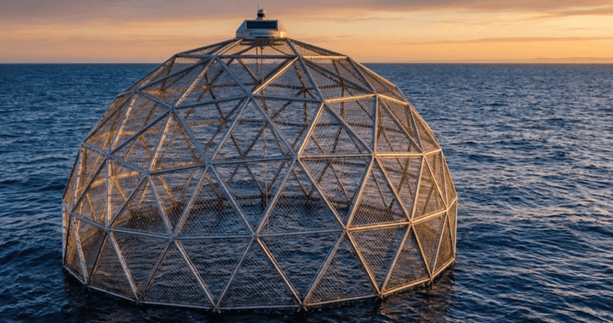 Duracordix – Ihr zuverlässiger Lieferant für Hochleistungs-Kunststoffseile und -netze | Die 4 wichtigsten Fischkäfigtypen für die Aquakultur A DURACORDIX geodesic dome offshore fish cage floating on the ocean surface at sunset, featuring a reinforced triangular frame and integrated solar-powered monitoring sensors
