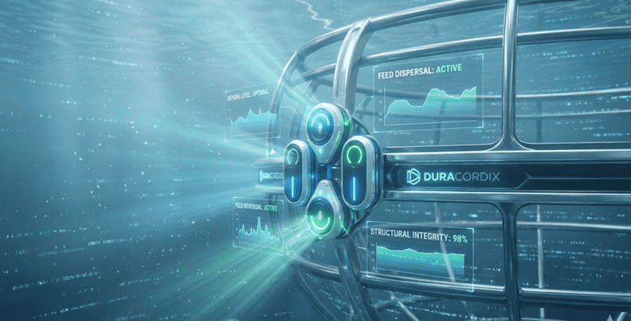 Duracordix – Ihr zuverlässiger Lieferant für Hochleistungs-Kunststoffseile und -netze | Die 4 wichtigsten Fischkäfigtypen für die Aquakultur URACORDIX smart cage system with a digital heads-up display showing live data for feed dispersal, oxygen levels, and structural integrity at 98%