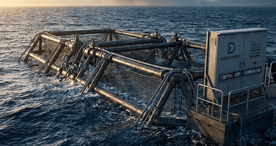 Duracordix – Ihr zuverlässiger Lieferant für Hochleistungs-Kunststoffseile und -netze | Die 4 wichtigsten Fischkäfigtypen für die Aquakultur A DURACORDIX submersible cage system shown in open ocean, featuring a digital control panel indicating a 15m depth submergence and high-performance synthetic rope moorings