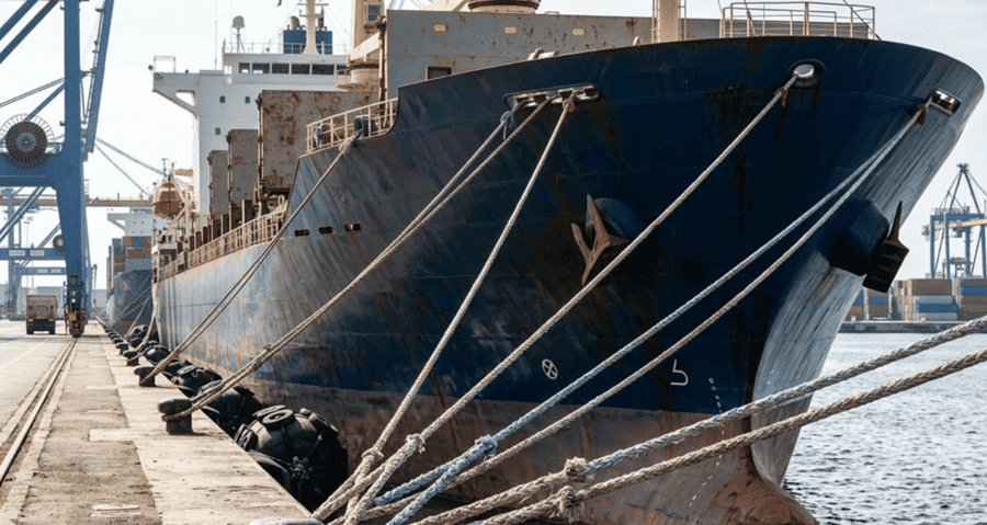 Duracordix - Your Trusted Supplier for High-Performance Synthetic Rope & Netting | HMPE vs. Nylon vs. Polyester vs. PP – How to Choose the Right Mooring Rope Material DURACORDIX heavy-duty mooring lines securing a large container ship at a busy port terminal, showcasing high-tensile synthetic rope strength