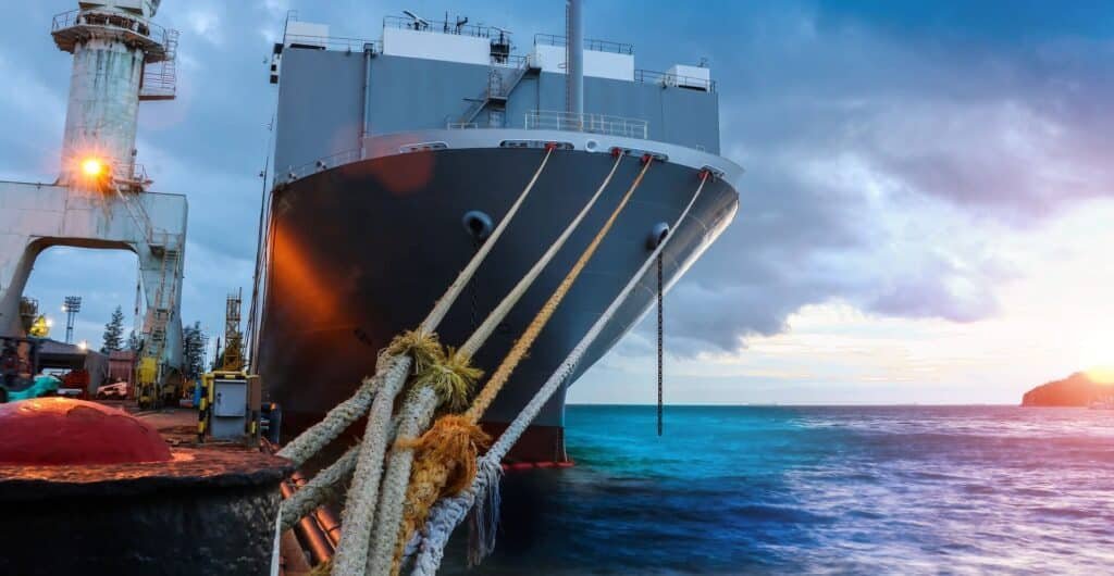 Duracordix - Your Trusted Supplier for High-Performance Synthetic Rope & Netting | HMPE vs. Nylon vs. Polyester vs. PP – How to Choose the Right Mooring Rope Material DURACORDIX high-tensile synthetic mooring ropes securing a massive grey cargo ship to a harbor dock at twilight, demonstrating industrial maritime safety and strength