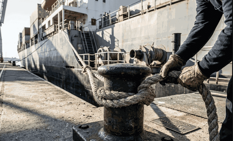 Duracordix - Il tuo fornitore di fiducia per cime e reti sintetiche ad alte prestazioni | Cos'è una cima d'ormeggio? Guida nautica completa! Un operaio portuale professionista, con indosso guanti protettivi, fissa una robusta fune di ormeggio sintetica DURACORDIX attorno a una bitta d'acciaio in un terminal container, dimostrando la resistenza e l'affidabilità della fune nelle operazioni di ormeggio marittimo commerciale.
