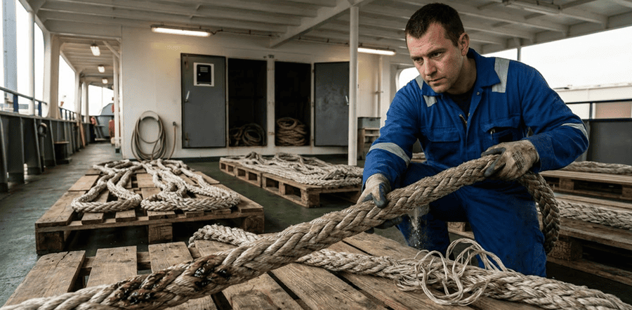 Duracordix——您值得信赖的高性能合成绳索和网具供应商 | 高分子聚乙烯 (HMPE)、尼龙、涤纶和聚丙烯 (PP)——如何选择合适的系泊绳材料 一名身穿蓝色制服、戴着安全手套的专业海事工作人员正在船舶甲板上对一根DURACORDIX重型合成系泊绳进行详细的100%最终目视检查(FVI),检查绳股完整性和磨损情况。