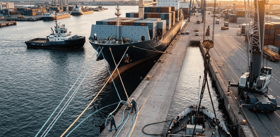 Duracordix——您值得信赖的高性能合成绳索和网具供应商 | 高分子聚乙烯 (HMPE)、尼龙、涤纶和聚丙烯 (PP)——如何选择合适的系泊绳材料 从高角度拍摄的集装箱船靠泊作业画面,码头工人正在系泊DURACORDIX合成系泊缆绳,背景中一艘拖船在日落时分协助作业。