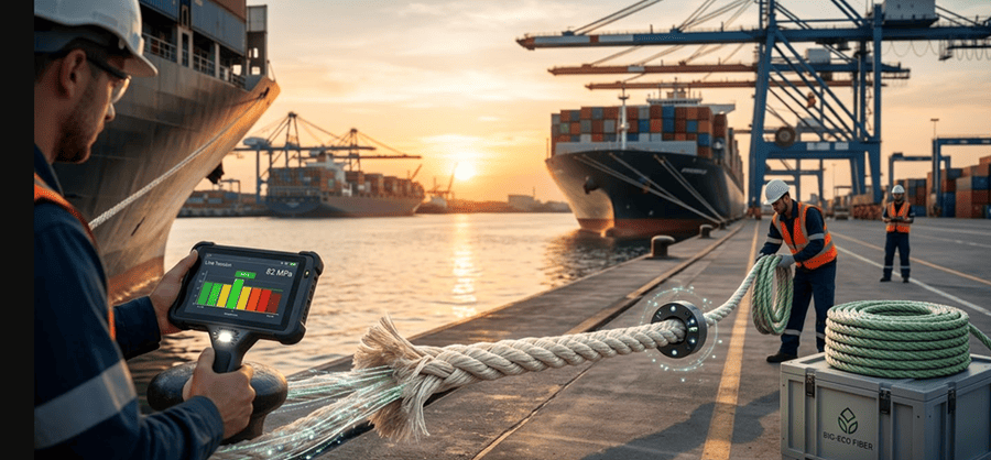 Duracordix——您值得信赖的高性能合成绳索和网具供应商 | 高分子聚乙烯 (HMPE)、尼龙、涤纶和聚丙烯 (PP)——如何选择合适的系泊绳材料 在繁忙的集装箱港口,一名专业技术人员使用手持式数字设备对 DURACORDIX 合成系泊缆绳进行实时张力分析(82 MPa),展示了先进的纤维监测技术和船舶靠泊期间的质量保证。