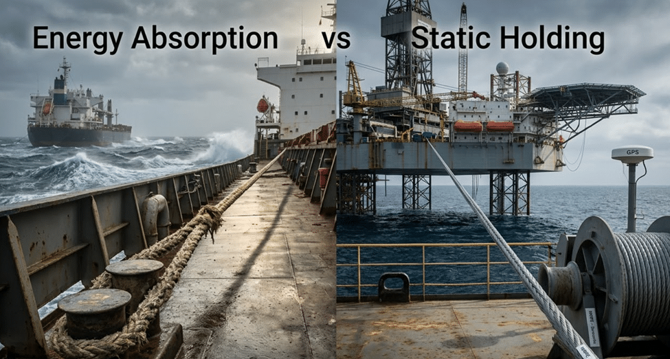 Duracordix - Your Trusted Supplier for High-Performance Synthetic Rope & Netting | HMPE vs. Nylon vs. Polyester vs. PP – How to Choose the Right Mooring Rope Material Technical comparison of DURACORDIX mooring solutions: High-elasticity energy absorption ropes for ships in rough seas versus high-modulus static holding lines for offshore oil platforms.