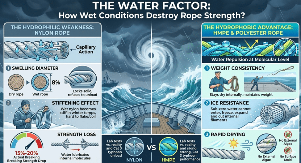 Duracordix - Your Trusted Supplier for High-Performance Synthetic Rope & Netting | HMPE vs. Nylon vs. Polyester vs. PP – How to Choose the Right Mooring Rope Material Technical infographic comparing water absorption in Nylon vs. HMPE and Polyester ropes, highlighting strength loss, swelling, and ice resistance in marine environments