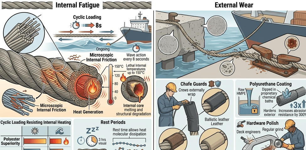 Duracordix - Your Trusted Supplier for High-Performance Synthetic Rope & Netting | HMPE vs. Nylon vs. Polyester vs. PP – How to Choose the Right Mooring Rope Material Technical infographic explaining rope internal fatigue from cyclic loading and heat generation, alongside external wear protection using polyester chafe guards and PU coatings