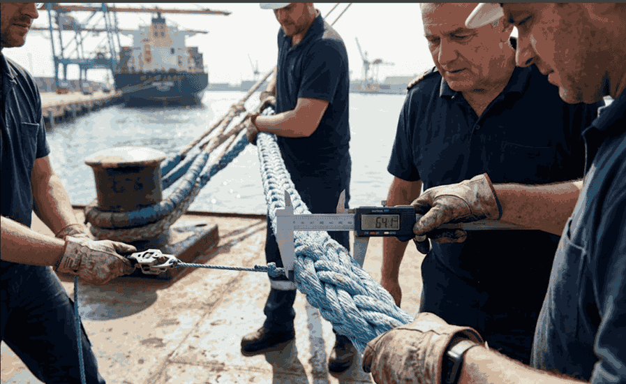 Duracordix - Il tuo fornitore di fiducia per cime e reti sintetiche ad alte prestazioni | Cos'è una cima d'ormeggio? Guida nautica completa! Un team tecnico sta conducendo un'ispezione precisa sul campo, utilizzando un calibro digitale per misurare il diametro di una robusta cima di ormeggio sintetica intrecciata sul ponte di una nave, al fine di garantire la rigorosa conformità alle specifiche ingegneristiche.