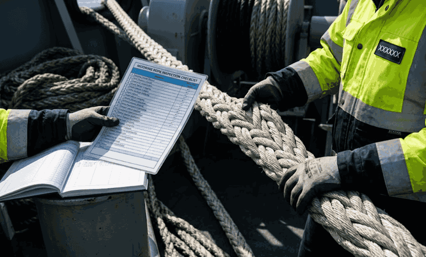 Duracordix - Nhà cung cấp đáng tin cậy của bạn về dây thừng và lưới tổng hợp hiệu suất cao | Dây neo tàu so với dây buộc cầu cảng: Sự khác biệt là gì! Các công nhân hàng hải mặc trang phục phản quang đang thực hiện kiểm tra an toàn trên một sợi dây neo tổng hợp bện dày bằng cách sử dụng danh sách kiểm tra chính thức trên boong tàu.