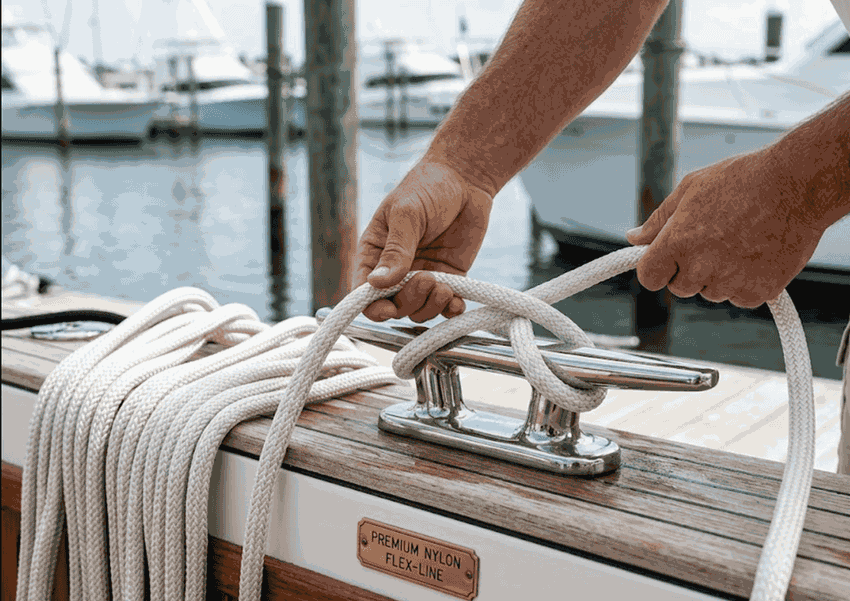 Duracordix - Nhà cung cấp đáng tin cậy của bạn về dây thừng và lưới tổng hợp hiệu suất cao | Dây neo tàu so với dây buộc cầu cảng: Sự khác biệt là gì! Bàn tay của một thủy thủ đang buộc sợi dây neo nylon cao cấp màu trắng "Premium Nylon Flex-Line" vào một chốt neo mạ crôm sáng bóng trên boong tàu gỗ, thể hiện sự linh hoạt và dễ sử dụng của dây neo DURACORDIX.