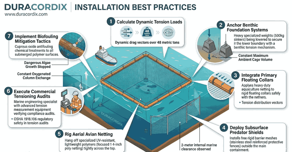 Duracordix - Su proveedor de confianza de cuerdas y redes sintéticas de alto rendimiento | ¿Cuál es el mejor material para redes de acuicultura? Una infografía técnica de Duracordix que describe siete buenas prácticas de instalación para jaulas de acuicultura, incluyendo el cálculo de cargas de tensión dinámica superiores a 48 toneladas métricas, el anclaje de sistemas de cimentación bentónica y la realización de auditorías de tensión comerciales de acuerdo con las normas OSHA 1918.106.