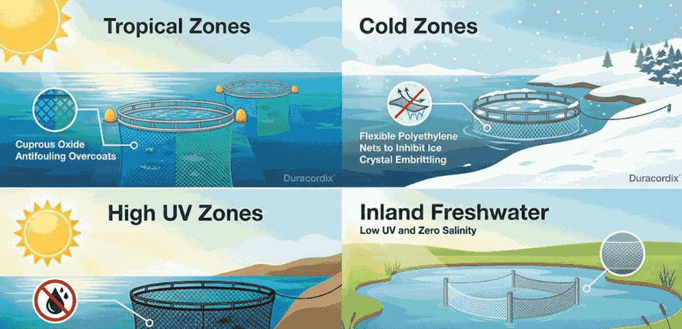 Duracordix - Su proveedor de confianza de cuerdas y redes sintéticas de alto rendimiento | ¿Cuál es el mejor material para redes de acuicultura? Una infografía técnica de Duracordix que muestra soluciones de redes para acuicultura en diferentes entornos, incluyendo recubrimientos antiincrustantes de óxido cuproso para zonas tropicales y redes de polietileno flexibles para inhibir la fragilización por hielo en zonas frías.