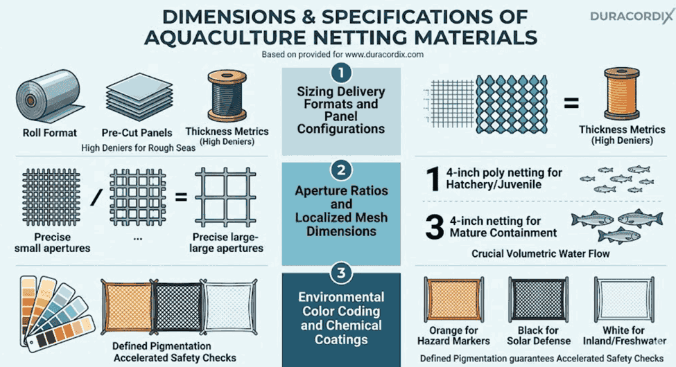 Duracordix - Su proveedor de confianza de cuerdas y redes sintéticas de alto rendimiento | ¿Cuál es el mejor material para redes de acuicultura? Un diagrama de flujo educativo de Duracordix titulado "Cómo elegir redes para acuicultura" describe siete pasos críticos, desde el cálculo de las cargas mínimas de rotura para UHMWPE y HDPE hasta la verificación de la degradación por rayos UV y el cumplimiento de la norma OCIMF MEG4.