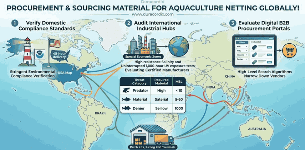 Duracordix - Su proveedor de confianza de cuerdas y redes sintéticas de alto rendimiento | ¿Cuál es el mejor material para redes de acuicultura? Un mapa técnico mundial de Duracordix que ilustra el proceso global de adquisición y abastecimiento de redes para acuicultura, incluyendo pasos para verificar las normas de cumplimiento nacionales en los EE. UU., auditar centros industriales internacionales en zonas económicas especiales y evaluar portales de adquisiciones B2B digitales utilizando algoritmos de búsqueda de alto nivel.