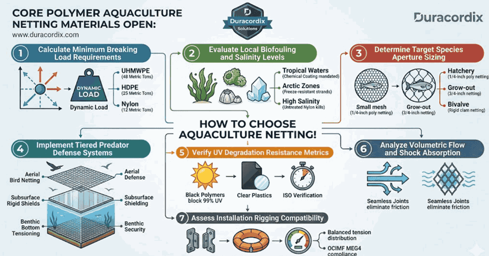 Duracordix - Su proveedor de confianza de cuerdas y redes sintéticas de alto rendimiento | ¿Cuál es el mejor material para redes de acuicultura? Cómo elegir redes para acuicultura, de Duracordix, que describe siete pasos que incluyen el cálculo de la carga mínima de rotura, la evaluación de la bioincrustación, el dimensionamiento de las especies objetivo, la defensa contra depredadores y el cumplimiento de la norma OCIMF MEG4.