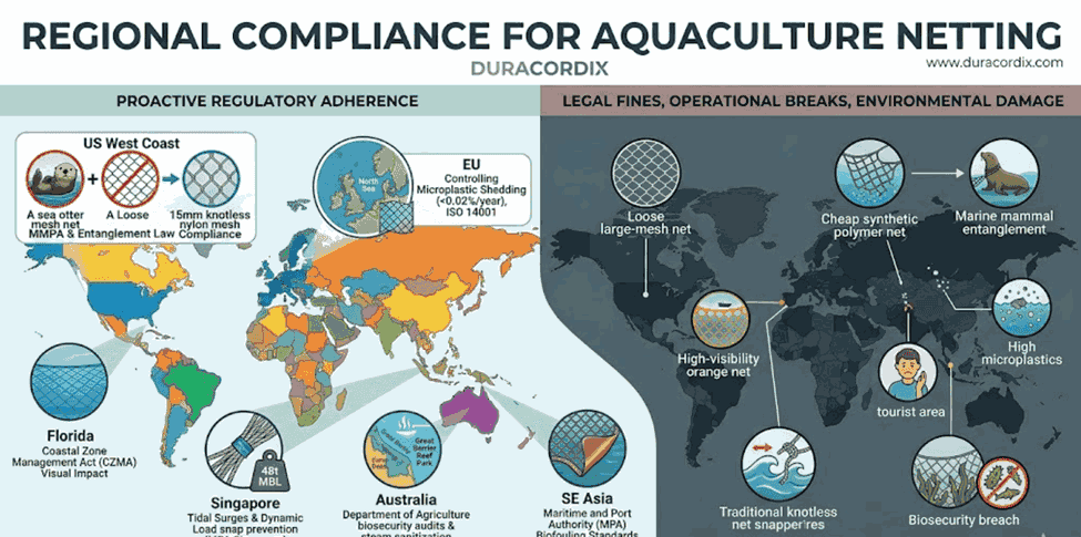Duracordix - Su proveedor de confianza de cuerdas y redes sintéticas de alto rendimiento | ¿Cuál es el mejor material para redes de acuicultura? Una infografía técnica de Duracordix que compara el cumplimiento normativo proactivo con los riesgos del incumplimiento. Detalla estándares regionales como las leyes de enredos de la MMPA en la costa oeste de EE. UU., los controles de desprendimiento de microplásticos en la UE y las auditorías de bioseguridad en Australia, contrastándolos con las multas legales y los daños ambientales causados por redes de baja calidad.