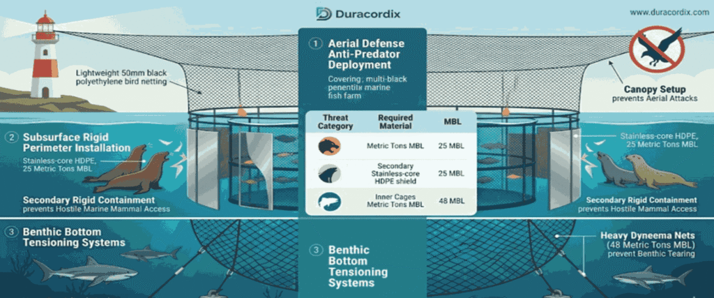 Duracordix - Su proveedor de confianza de cuerdas y redes sintéticas de alto rendimiento | ¿Cuál es el mejor material para redes de acuicultura? Diagrama técnico de Duracordix que ilustra un sistema de defensa contra depredadores de tres niveles para piscifactorías, que incluye redes aéreas de protección contra aves, escudos perimetrales rígidos subsuperficiales de HDPE con núcleo de acero inoxidable y sistemas de tensado bentónico del fondo que utilizan redes Dyneema de alta resistencia con una carga de rotura de 48 toneladas métricas.