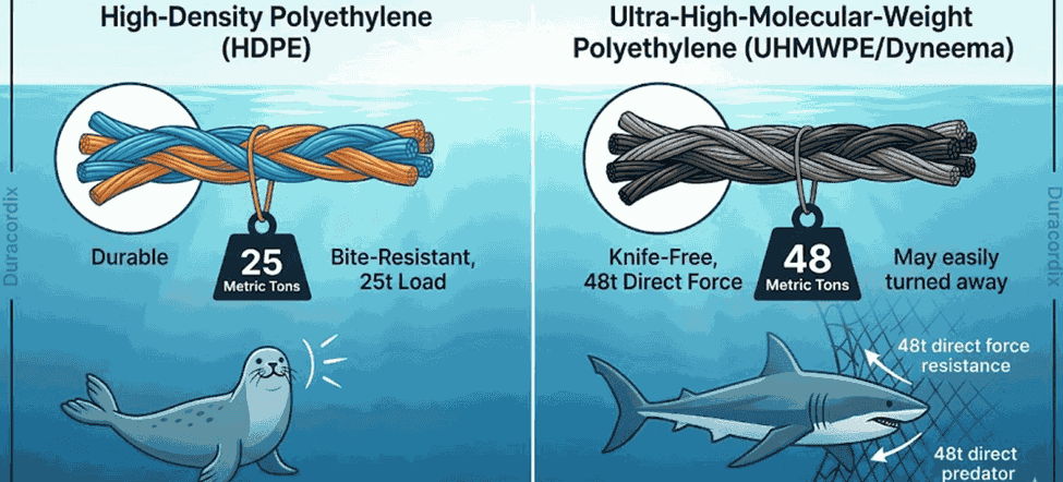 Duracordix - Su proveedor de confianza de cuerdas y redes sintéticas de alto rendimiento | ¿Cuál es el mejor material para redes de acuicultura? Una tabla comparativa técnica de Duracordix muestra el rendimiento del polietileno de alta densidad (HDPE) con una carga de 25 toneladas métricas frente al polietileno de ultra alto peso molecular (UHMWPE) con una carga de 48 toneladas métricas, destacando la resistencia a la mordida y la durabilidad frente a la fuerza directa en entornos marinos.