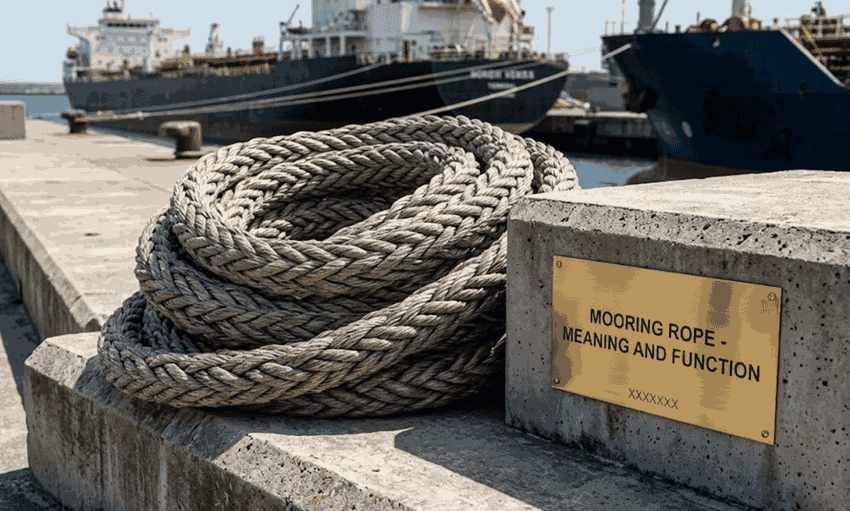 Duracordix - Nhà cung cấp đáng tin cậy của bạn về dây thừng và lưới tổng hợp hiệu suất cao | Dây neo tàu so với dây buộc cầu cảng: Sự khác biệt là gì! Một sợi dây neo tổng hợp hiệu suất cao được cuộn tròn trên cầu cảng bê tông tại một cảng thương mại.