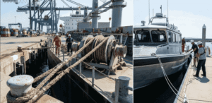 Duracordix - Votre fournisseur de confiance pour les cordages et filets synthétiques haute performance | Corde d'amarrage vs. amarre : quelle est la différence ? Vue côte à côte du treuil d'amarrage automatisé d'un grand navire et d'une épaisse corde synthétique (à gauche) et de l'amarrage manuel d'un petit bateau à l'aide de lignes de quai (à droite)