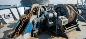 La cima di ormeggio sintetica Duracordix su un verricello da banchina, che dimostra un'elevata resistenza alla rottura e alla corrosione come alternativa affidabile al cavo d'acciaio in complesse applicazioni logistiche portuali.