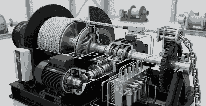 Duracordix - Ο αξιόπιστος προμηθευτής σας για συνθετικά σχοινιά και δίχτυα υψηλής απόδοσης | Ποιο είναι το καλύτερο σχοινί για σύστημα πρόσδεσης με βαρούλκο; Επαγγελματικός οδηγός! Μια λεπτομερής εσωτερική τρισδιάστατη διατομή ενός συστήματος βαρούλκου βαρέως τύπου για θαλάσσια χρήση, ενσωματωμένου με συνθετικό σχοινί υψηλής αντοχής Duracordix, που υπογραμμίζει την ακρίβεια της μηχανικής και την αποτελεσματικότητα στη φέρουσα ικανότητα.