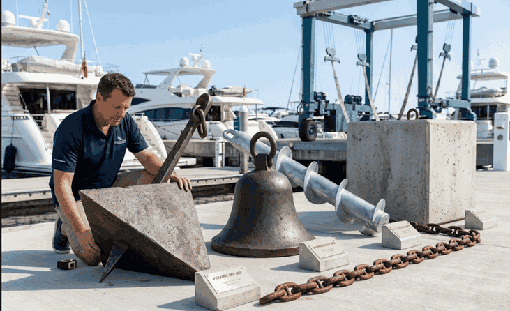 Duracordix - Your Trusted Supplier for High-Performance Synthetic Rope & Netting | How To Do Mooring Buoy Setup? A Complete Guide! a specialist presenting marine anchoring systems at a marina. The display features a Pyramid Anchor, a Helix Anchor, and a heavy-duty mooring chain, demonstrating the company's full-system hardware capabilities for various seafloor engineering applications