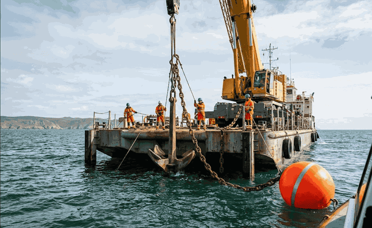Duracordix - Your Trusted Supplier for High-Performance Synthetic Rope & Netting | How To Do Mooring Buoy Setup? A Complete Guide! A professional offshore engineering team on a technical barge performing a heavy-duty anchor and mooring chain deployment. A large yellow crane lowers a massive marine anchor into the sea, supported by specialized mooring chains and an orange surface buoy