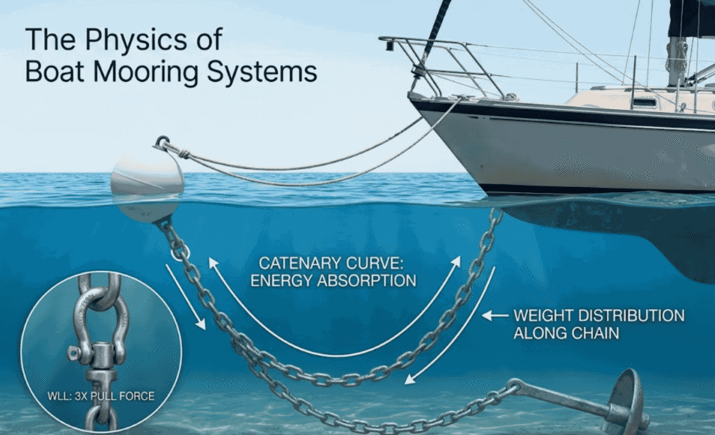 Duracordix - Your Trusted Supplier for High-Performance Synthetic Rope & Netting | How To Do Mooring Buoy Setup? A Complete Guide! A technical educational diagram titled 'The Physics of Boat Mooring Systems,' illustrating a catenary curve for energy absorption, weight distribution along the chain, and a detail of a shackle with a Working Load Limit (WLL) of 3X pull force