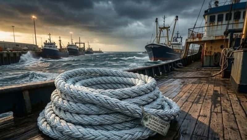 Duracordix - Your Trusted Supplier for High-Performance Synthetic Rope & Netting | How To Do Mooring Buoy Setup? A Complete Guide! A coiled stack of high-performance, light-grey 12-strand HMPE mooring rope resting on a weathered wooden vessel deck
