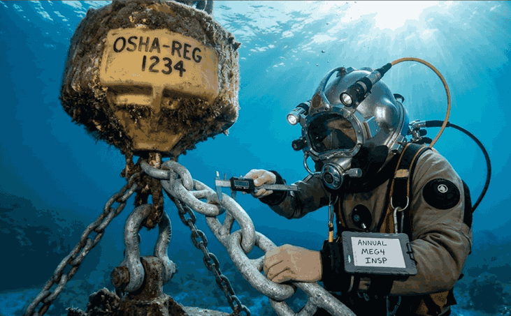 Duracordix - Your Trusted Supplier for High-Performance Synthetic Rope & Netting | How To Do Mooring Buoy Setup? A Complete Guide! A commercial diver performing an underwater annual MEG4 technical inspection of a heavy-duty mooring system. The diver is using a digital caliper to measure the wear on the primary mooring chain link below a yellow mooring buoy clearly marked with an OSHA registration tag