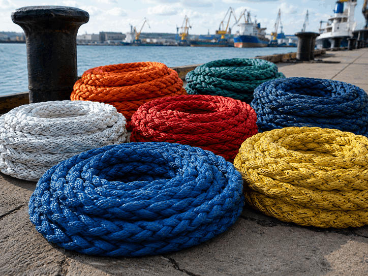 Duracordix - Your Trusted Supplier for High-Performance Synthetic Rope & Netting | How to Choose Mooring Rope Size? A Powerful Guide For You! Assorted colored 8-strand and 12-strand mooring ropes neatly coiled in rolls on a harbor dock, with bollards, water, ships, and cranes in the background.