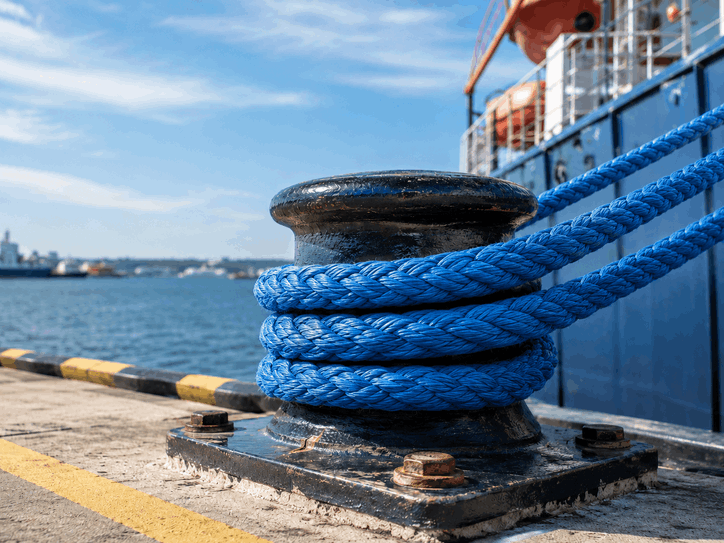 Duracordix - Your Trusted Supplier for High-Performance Synthetic Rope & Netting | How to Choose Mooring Rope Size? A Powerful Guide For You! Blue 12-strand HMPE mooring rope wrapped securely around a black metal ship bollard on a dock, with a vessel and harbor water in the background