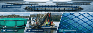 Duracordix Netting for Marine and Aquaculture Applications Promotional collage showing Duracordix netting used in offshore marine farming, aquaculture cages, commercial fishing, and high-strength netting, with floating fish cages, a fishing vessel hauling nets, and a close-up of blue mesh netting.