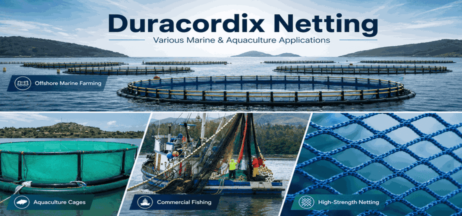 Duracordix - Seu fornecedor de confiança para cordas e redes sintéticas de alto desempenho | Rede DYNEEMA sem nós vs. Rede com nós: qual é a melhor? Colagem promocional mostrando a rede Duracordix utilizada na aquicultura em alto mar, gaiolas de aquicultura, pesca comercial e redes de alta resistência, com gaiolas flutuantes para peixes, um barco de pesca recolhendo redes e um close-up da rede de malha azul.