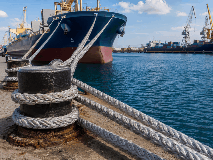 Duracordix - Your Trusted Supplier for High-Performance Synthetic Rope & Netting | How to Choose Mooring Rope Size? A Powerful Guide For You! High-tension Duracordix mooring ropes wrapped around black harbor bollards and extending toward a large cargo ship at a busy commercial port with cranes, containers, and water in the background.