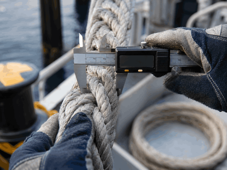 Duracordix - Your Trusted Supplier for High-Performance Synthetic Rope & Netting | How to Choose Mooring Rope Size? A Powerful Guide For You! gloved hands using digital calipers to measure the diameter of a thick braided mooring rope on a ship deck or dockside work area