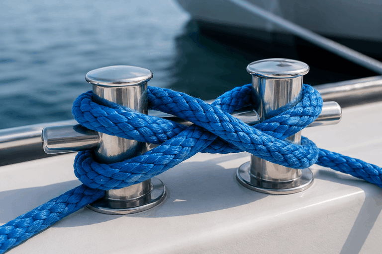 Duracordix - Your Trusted Supplier for High-Performance Synthetic Rope & Netting | How to Choose Mooring Rope Size? A Powerful Guide For You! bright blue braided rope tied in a figure-eight pattern around a polished stainless-steel boat cleat on a white deck, with calm water in the background.