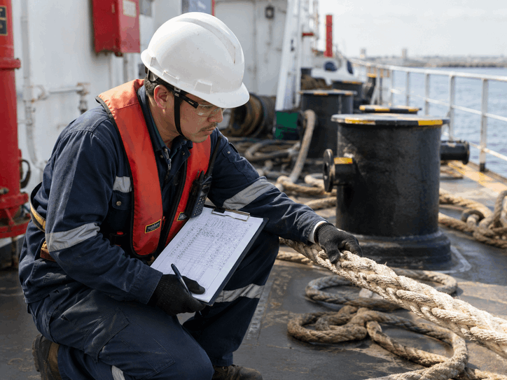 Duracordix - Your Trusted Supplier for High-Performance Synthetic Rope & Netting | How to Choose Mooring Rope Size? A Powerful Guide For You! A sailor wearing safety gear kneels on a ship deck, inspecting a thick duracordix mooring rope while writing calculations on a clipboard