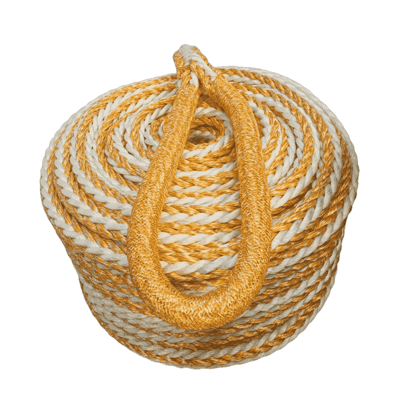 Duracordix - Il vostro fornitore di fiducia per funi e reti sintetiche ad alte prestazioni | Sistema di recupero con verricello Una cima di ormeggio anti-ritorno Duracordix PP& PE MIXED avvolta a spirale, con motivo intrecciato giallo e bianco e occhiello morbido.