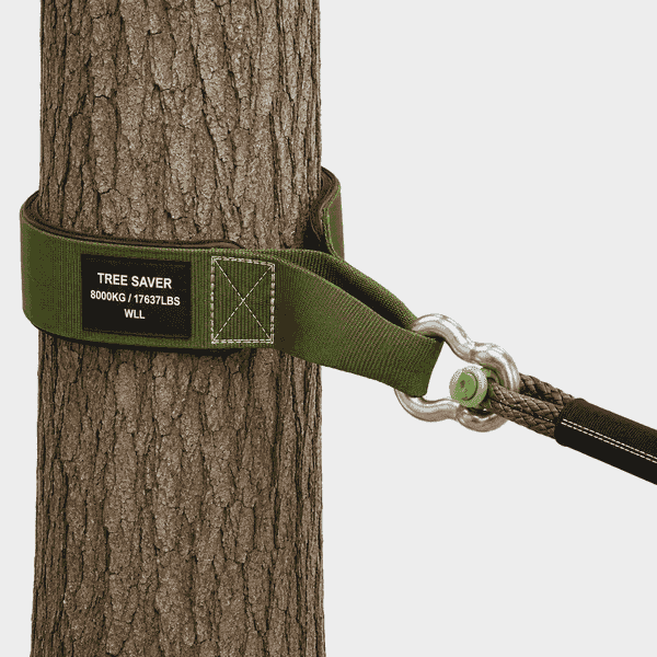 Duracordix anchor point setup using a tree saver strap, recovery shackle, and synthetic winch rope for safe 4x4 winch recovery applications