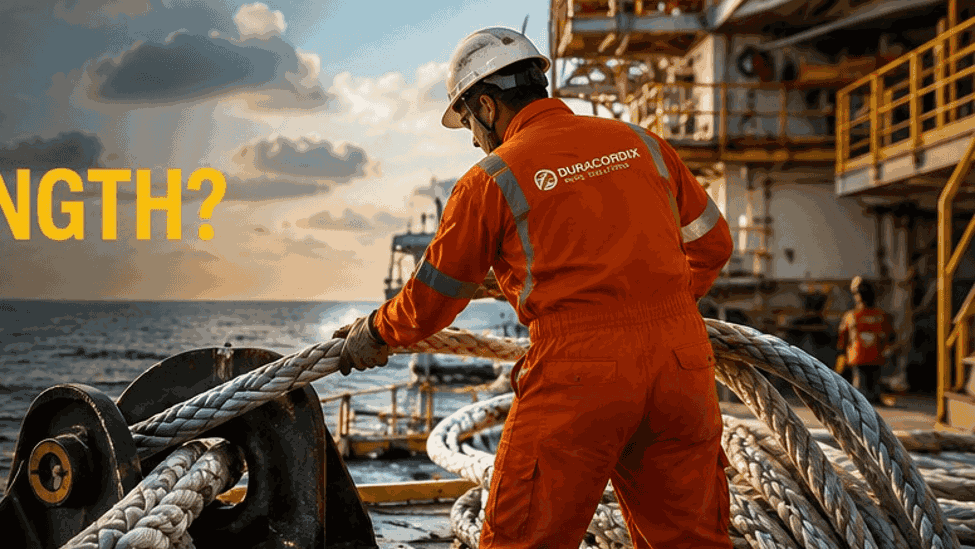 Marine crew handling a heavy-duty synthetic mooring rope on an offshore vessel deck.